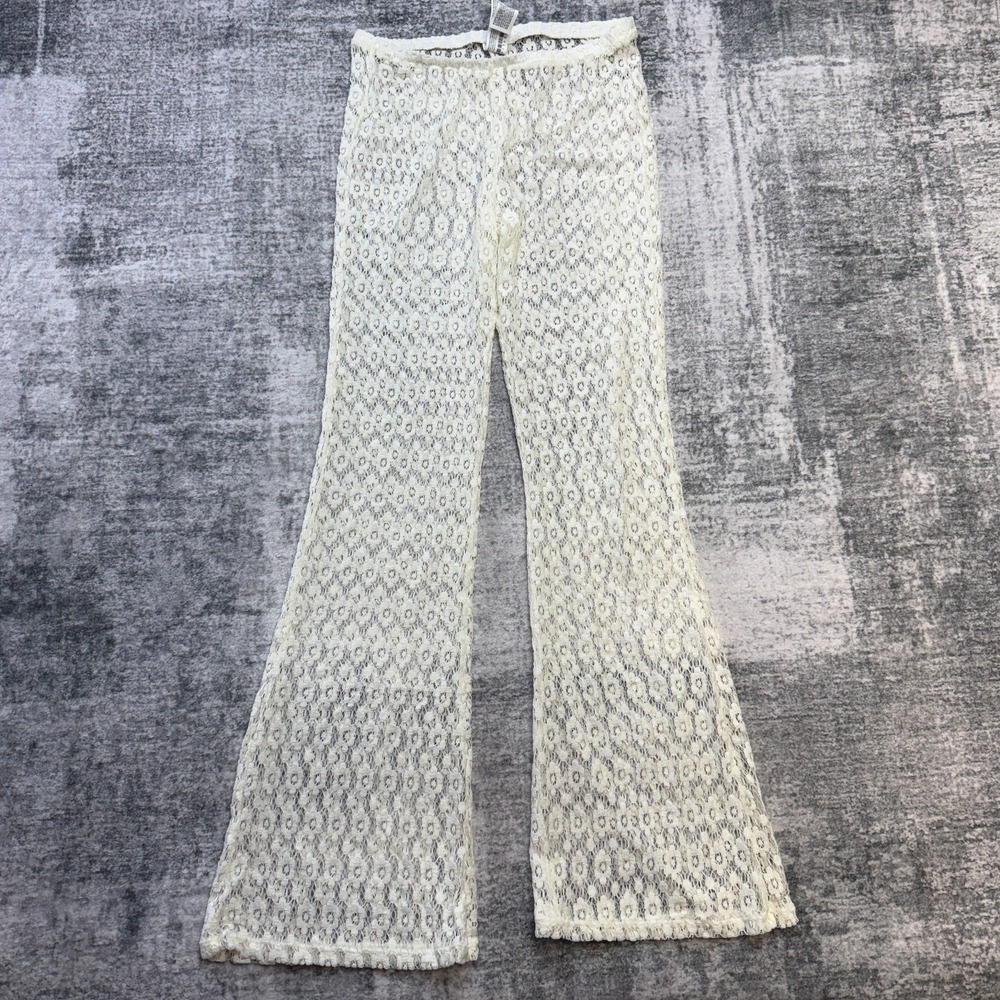 Womens Lace Pants Size Medium Ivory Flared Boot Cover Up Festival Boho Fairy